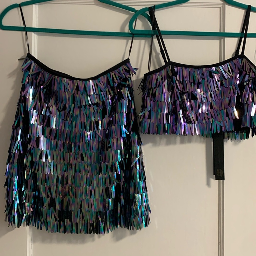 NWT House of Harlow Holographic Iridescent Fringe Sequin Crop Top Skirt Dress